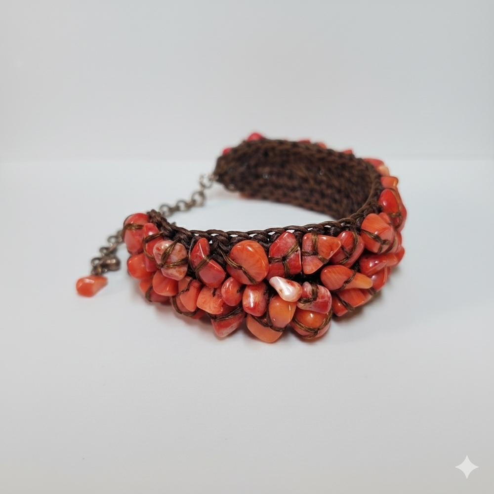 Coral Bamboo 7-8" Bracelet Crochet Beaded Gemstone Chips Adjustable Red Handmade